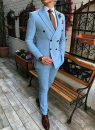 New Fashion Sky Blue Groom Tuxedos Peak Lapel Groomsmen Wedding Tuxedos Excellent Men Formal Blazer Prom Jacket Suit(Jacket+Pants+Tie) 1561