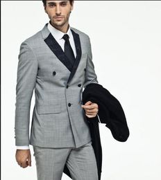 Light Grey Men Wedding Tuxedos Double-Breasted Groom Tuxedos Excellent Men Blazer 2 Piece Suit Prom/Dinner Jacket(Jacket+Pants+Tie) 2560