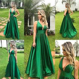 Sexy Deep V Neck Emerald Green Prom Dress Formal Evening Party Gowns Sleeveless Open Back Floor Length Custom Color