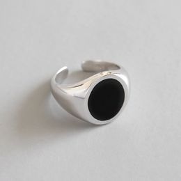 925 Sterling Silver Round Black Enamel Open Size Rings Fine Jewellery Women Adjustable Statement Ring Valentine's Day Gifts