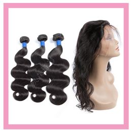 Peruvian Virgin Human Hair Three Bundles With 360 Lace Frontal Free Part Body Wave Hair Extensions Wefts With Closure 4 Pieces One Set