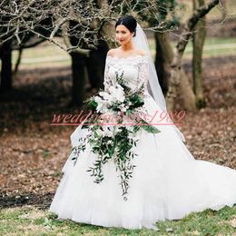 Vintage Bateau Neck Sheer Tulle Lace Plus Size Wedding Dresses Country Half Sleeve Arabic Dubai Bridal Ball Gown robe de mariée Bride Dress