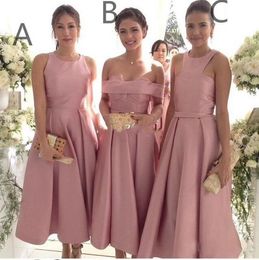 Chic Pink Satin Short Bridesmaids Dresses Cheap 2019 Unique Neckline Ruched Ribbon Maid Of Honor Gowns Wedding Guest Robes De Bridesmaid