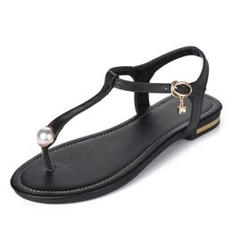Hot Sale-New 2019 Summer Leather Flip Flops Women Shoes Gladiator Casual Flat Sandal Woman white Black