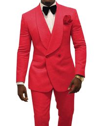 Newest Double-Breasted Red Paisley Groom Tuxedos Shawl Lapel Men Suits 2 pieces Wedding/Prom/Dinner Blazer (Jacket+Pants+Tie) W752