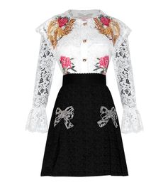 New design runway star same style women's lace flower embroidery paillette long sleeve blouse shirt S M L