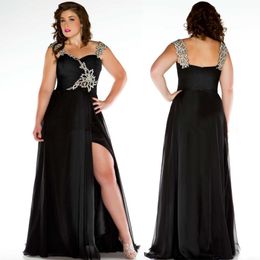 Black Plus Size Dresses Evening Wear Spaghetti Straps Pleats Beaded Chiffon Maxi Special Occasion Dress Formal Party Prom Gowns SD3418