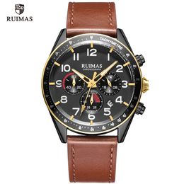 RUIMAS Men's Brown Leather Quartz Watches Luxury Chronograph Wristwatch Men Military Sports Watch Male Relogios Masculino 574305c