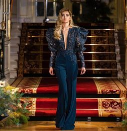 Elie Saab 2020 Jumpsuits Marineblaue Abendkleider Langarm Spitze Applizierte Perlen Formelles Abendkleid Afrikanische Roben De Soir￩e