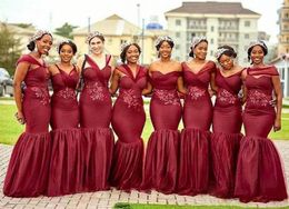 Mermaid Hot Slae Burgundy Bridesmaid Dresses 2020 Different Neckline Ruffles Tulle with Embroidery Nigerian Maid of Honor Gowns Custom Prom