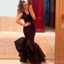 Simple Black Mermaid Prom Dresses Satin Square Tiered Skirt Formal Evening Gowns Cheap Formal Party Vestidos Yong Girls Gowns robes de bal