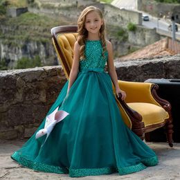 Green Lace Girls Pageant Dresses Ball Gown Children Birthday Holiday Wedding Party Dresses Teenage Princess Dresses Sweep Train A2