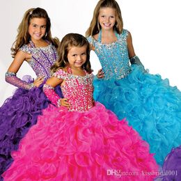 Roxo menina glitz pageant vestidos de baile organza flor vestidos da menina feitos à mão flores contas cristais camadas criança page252w