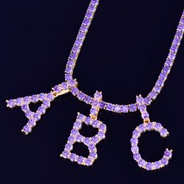 New Purple Zircon Tennis Letters Necklaces & Pendant For Men/Women Ice Out Cubic Zircon Fashion Hip Hop Jewellery with 18inch 4mm Tennis Chain