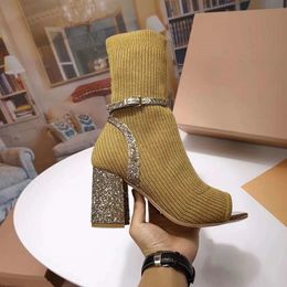 Hot Sale-Peep Toe Spring Summer Boots High Chunky heel Sock Knitted Ankle Wedding Party Pumps Feminino
