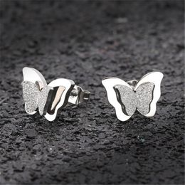 New Butterfly Earrings Rose Gold Color Stainless Steel Stud Earrings for Women Child Frosted Butterfly Ear Studs