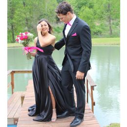 One Shoulder Black Prom Dresses Simple Long High Leg Slit Prom Gowns Backless Straps Evening Party Dress avondjurken