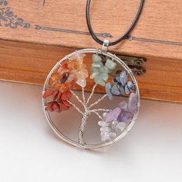 Round Tree of Life Necklace Natural Stone Pendulum Pendant Necklaces Gold Silver 7 Chakra Crystal Quartz Reiki Healing Jewelry with Black Leather Cord Wax Chain