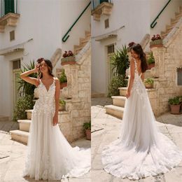 hot sale bohemian wedding dresses sexy vneck backless appliqued lace ruched bridal gown beach custom made sweep train bridal dress cheap