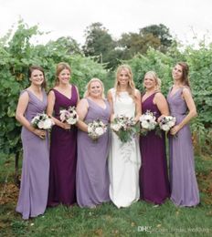 2019 Cheap Purple Long Bridesmaid Dress V Neck Chiffon Garden Country Formal Wedding Party Guest Maid of Honour Gown Plus Size Custom Made