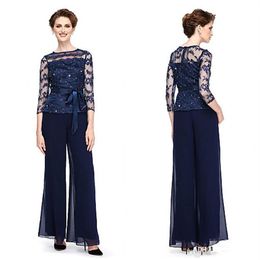 2019 New Arrival Elegant Navy Blue Mother Of The Bride Pants Suits Applique Pant Suits Sequined Plus Size With Sheer Jewel Neck