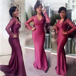 Burgundy South African Long Bridesmaid Dresses For Wedding Lace Long Sleeve Mermaid Maid Of Honour Gowns Wedding Guest Formal Dress BD9058