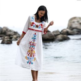 2019 последний дизайн богемный стиль женщин платье вышивка цветок летние платья макси свободные хлопок белье праздник длинная юбка пляжная одежда одежда