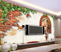Custom Wall Mural Large Wall Painting Modern 3D Stereoscopic3D Brick Wall Giraffe Bird Green Leaf Window Living Room TV Backdrop Wallpaper