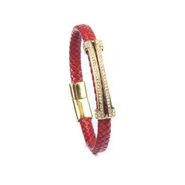 Red Genuine Leather Bracelets Men Wholesale Clear Cz Long Tube Bracelet Bangle Stainles Steel Jewellery For Women