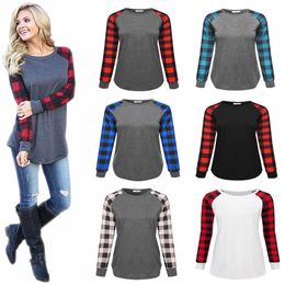 Plaid Patchwork T-shirt Long Sleeve Autumn Winter Women Printed Blouse Round Neck Cheques Top TShirt Cotton Lady Casual Clothes XD21210