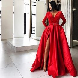 long red velvet evening gown UK - Burgundy Red Velvet Prom Formal Dresses 2020 Long Sleeve Sexy Side Slit Stain Arabic Plus Size Occasion Evening Gowns