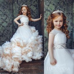 New Cheap Flower Girls Dresses For Weddings Illusion Neck Tulle Crystal Beaded Tiered Ruffles Birthday Girl Communion Pageant Gowns