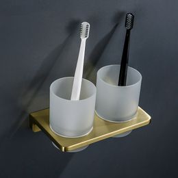 Double Toothbrush Glass Cups Holder Brass Brushed Gold Toothbrush Cup Holders Bathroom Accessories