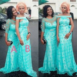 Turquoise Mermaid Bridesmaid Dresses 1/2 Half Sleeves Lace Applique Crystal Beaded Maid Of Honour Gown Wedding Guest Wear 401 401