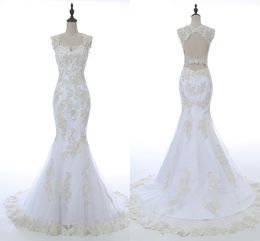 Sexy Mermaid White And Gold Wedding Dresses Square Sheer Cap Sleeve Applique Lace Bridal Dress For Girls Real Pictures