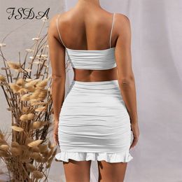 Dress FSDA Summer 2020 Women Set Spaghetti Strap Crop Top White Sexy And Mini Bodycon Skirt Ruffles Party Outfit Club Two Piece Sets