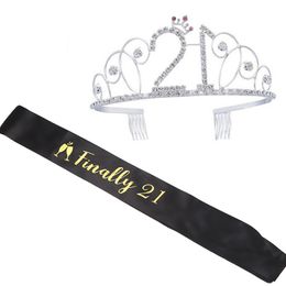 Rose Gold 21/30/40th Birthday Gold Tiara and Fabulous Glitter Satin Sash Happy 30th Birthday Party Supplies for Birthday Party