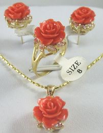 -Mariage de femmes 12MM rose corail sculpté fleurs boucles d'oreilles bague pendentif argent mujer moda