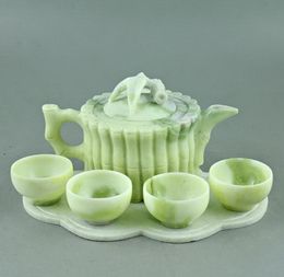 Lantian jade carved jade bamboo bamboo bundle teapot teapot four cups of tea Kung Fu