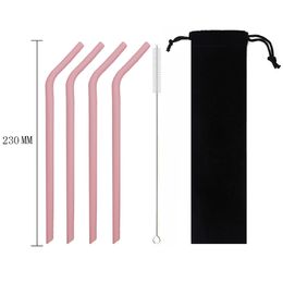 6pc 230mm Bend Colourful Silicone Drinking Straw Set Reusable Foldable Eco-Friendly Straw For Outdoor Travel With Cleaner Brush Storage Bag