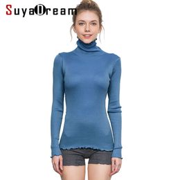 Women pullovers 80%Natural Silk 20%Cotton Turtleneck Rib knits shirt long sleeved Solid sweater Basic top 2018 Fall Winter Y190830