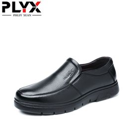 PLYX New 2020 Men Dress Shoes Genuine Leather Breathable Middle Aged Business Round Toe Wedding Footwear Male Flat