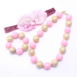 Newest Gold+Pink Color Design Necklace&Bracelet Headband 3PCS Jewelry Set Toddlers Girls Bubblegum Baby Kids Chunky Necklace Jewelry Set