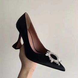 Free shipping fashion women pumps black satin Rhinestone crystal pointy toe heels Casual Designer high heels for women