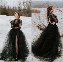 -Sexy Sheer Black Lace Tulle Gothic Vestido de novia con mangas largas Top Falda de ranura Mujeres No Blanco Vestido de novia Vestido de novia