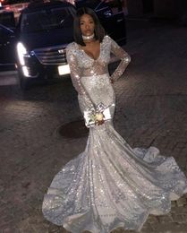 New Sexy Bling Black Girl Sequined Mermaid Evening Dresses Silver Sequins Deep V Neck Illusion Waist Long Sleeves Party Dress Prom Gowns