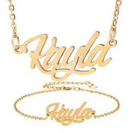 Gold-plated Stainless Steel Name Bracelet Set Women Kayla Script Letter Gold Choker Chain Necklace Pendant Nameplate Gift for Her