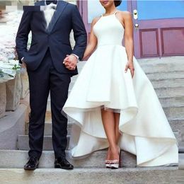 Simple High Low Satin Wedding Dresses With Straps 2020 White Ivory Informal Wedding Gowns Short Front Long Back Vestidos De Novia