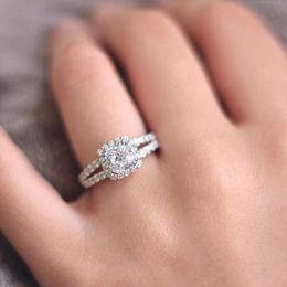 Fashionable 925 Standard Silver White Diamond Girl Ring Engagement Wedding Bride Princess Love Ring Size 6-10