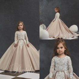 2020 Champagne Ball Gown Flower Girl Dresses Lace Appliqued Satin Long Sleeve Girls Pageant Dress Little Girl First Holy Communion Gowns